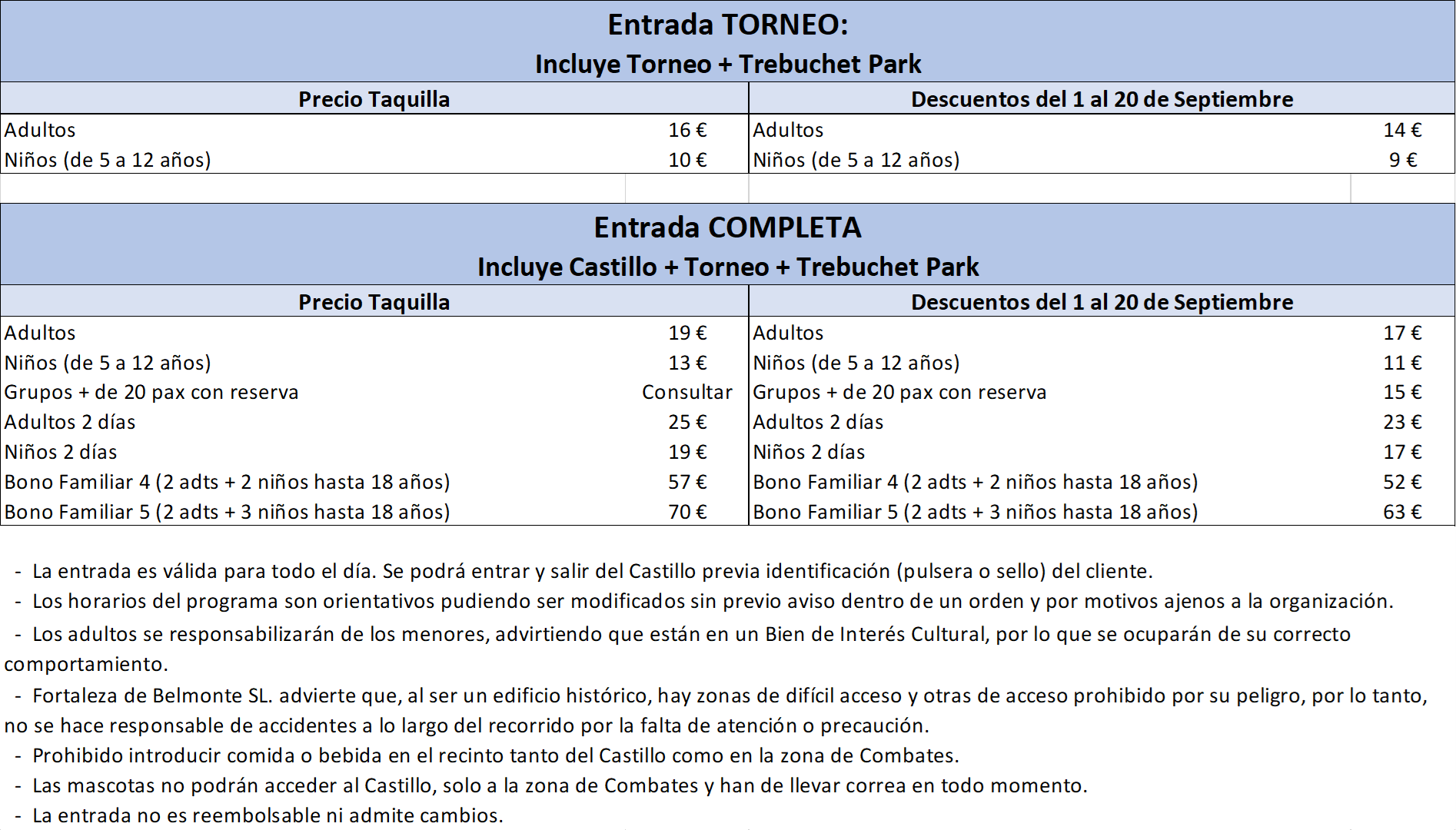 Tarifas y Tipos de Entradas - SEPTIEMBRE